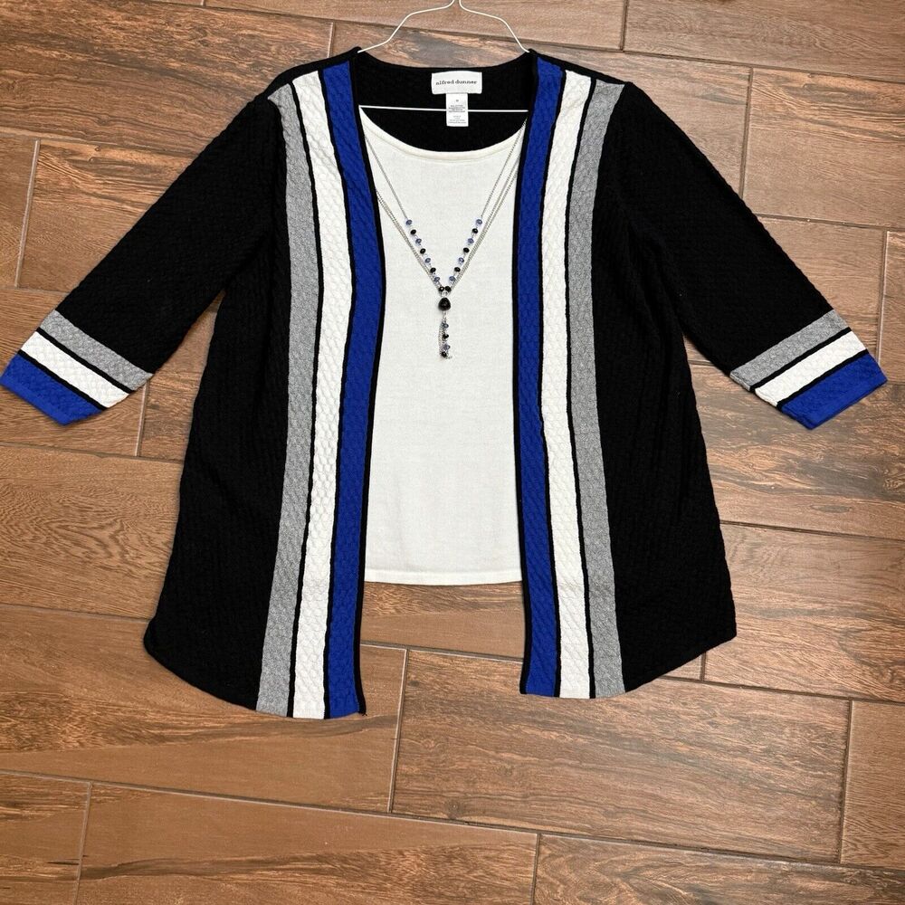 Alfred Dunner M Cardigan W/Attached White Top Necklace Black Blue Grandma